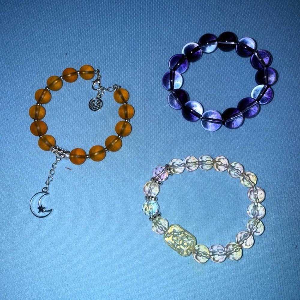 Beaded Bracelet Set NEW Celestial Moon Amber Purple Iridescent